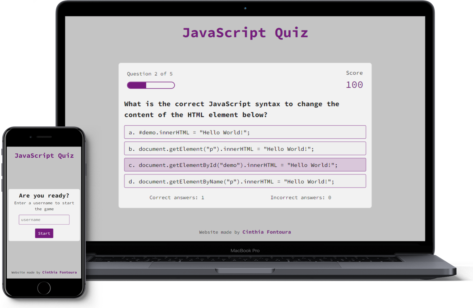 Desktop and mobile version of JavaScript Quiz website